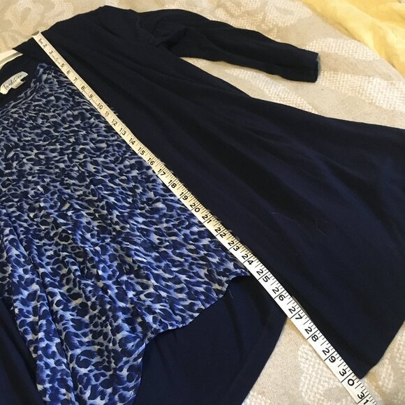 Dark Navy Blue Open Waterfall Cardigan With Pintuck Blue Animal Print Tank Top - Picture 15 of 16